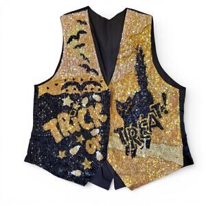 Vintage Trick or Treat Black Cat Bats Sequin Halloween Vest Goth Gothic Spooky